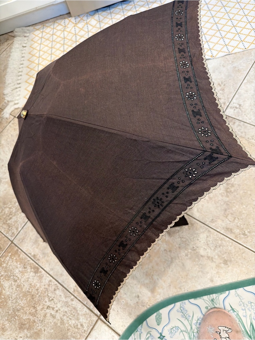 Celine Black Compact Umbrella with Gold Lace Trim - Picture 10 of 14